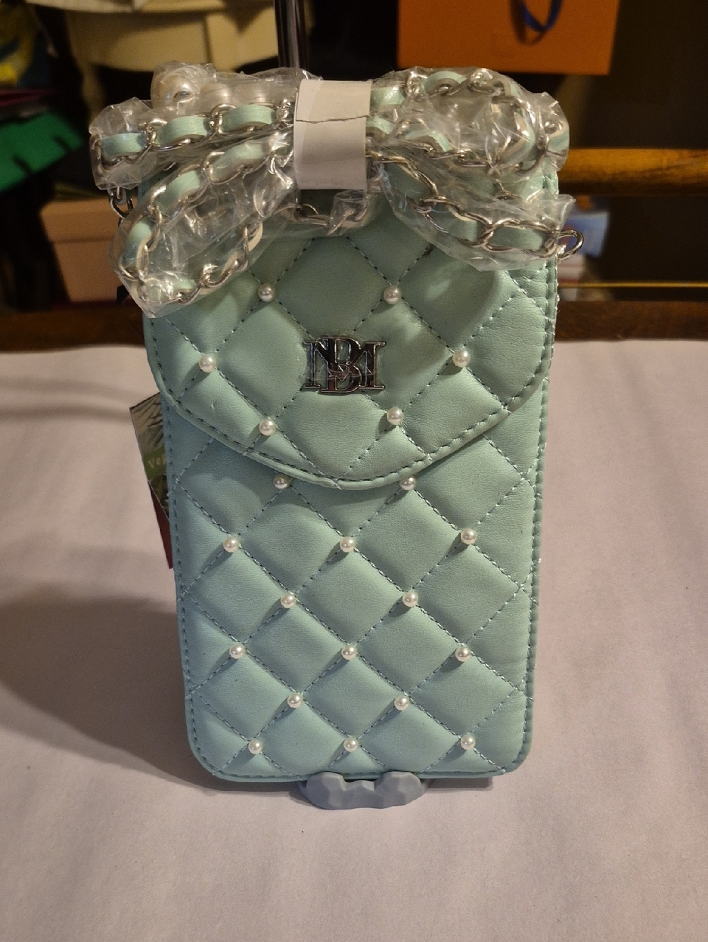 Quilted Mint Pearl Crossbody Phone Bag